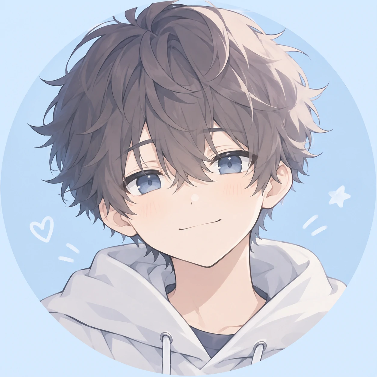 Cute kawaii anime boy PFP with fluffy hair, soft smile, and pastel blue background