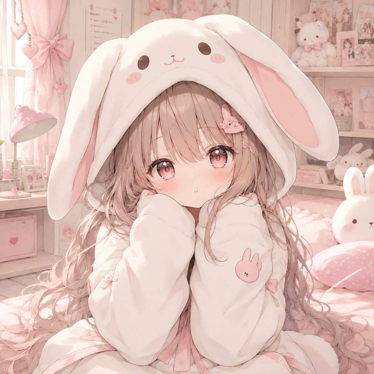 Kawaii anime girl pfp wearing an oversized bunny-ear hoodie