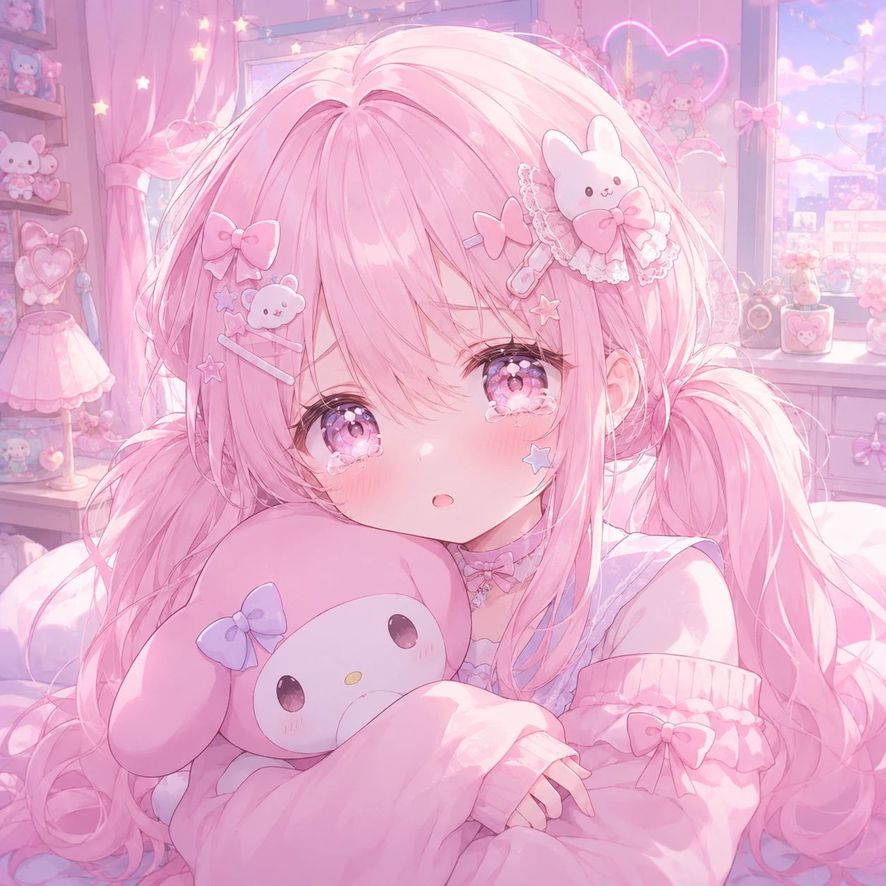Kawaii anime girl pfp with pastel pink hair and sparkling teary eyes