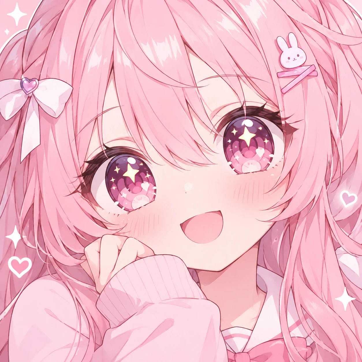 Kawaii anime girl PFP with big sparkling eyes, pink hair, and soft blush cheeks