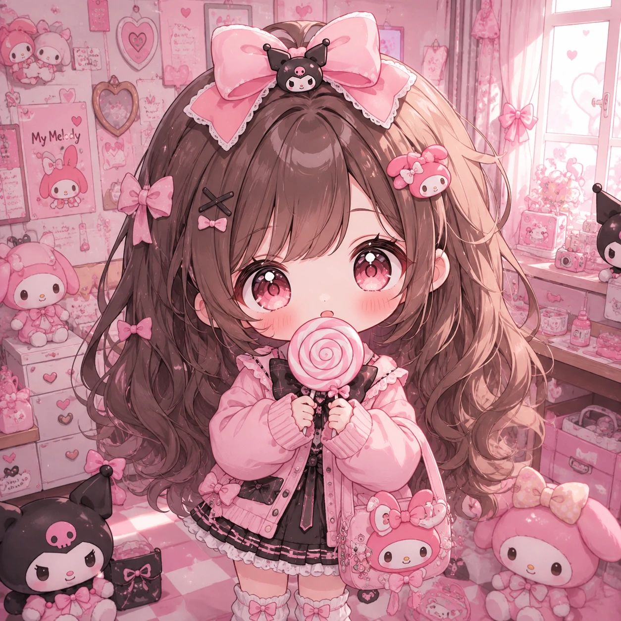 Chibi-style kawaii anime pfp of a girl with oversized eyes and mini body