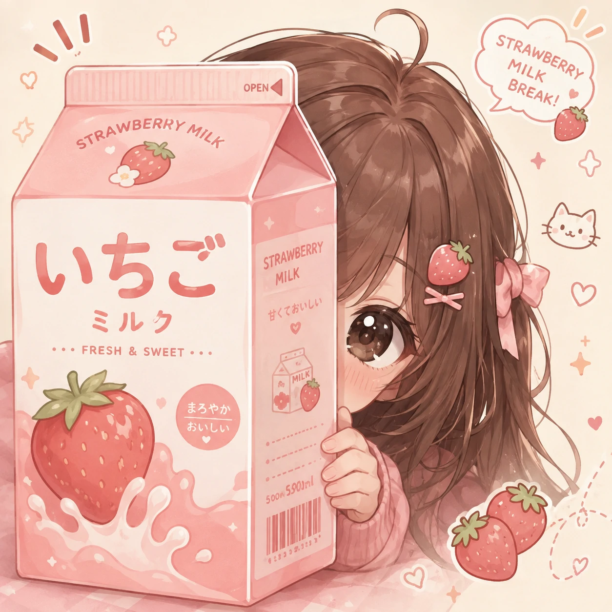 Kawaii anime pfp of a girl peeking behind a strawberry milk carton