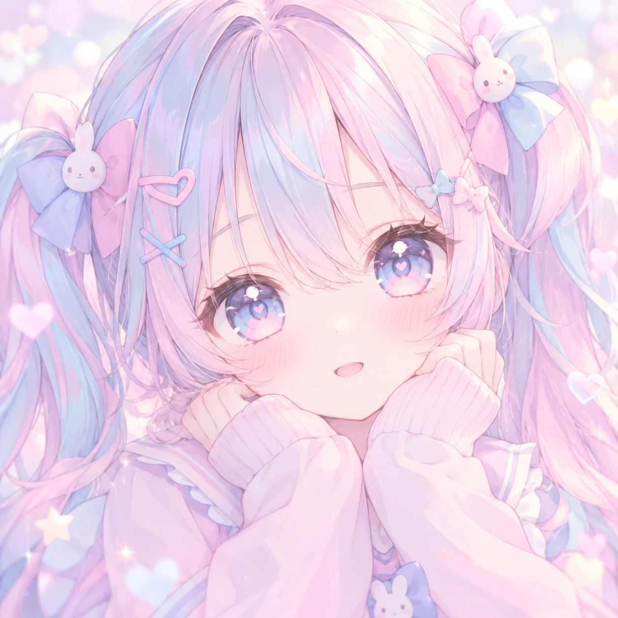 Kawaii anime girl PFP with pastel twintails and a dreamy soft-focus background