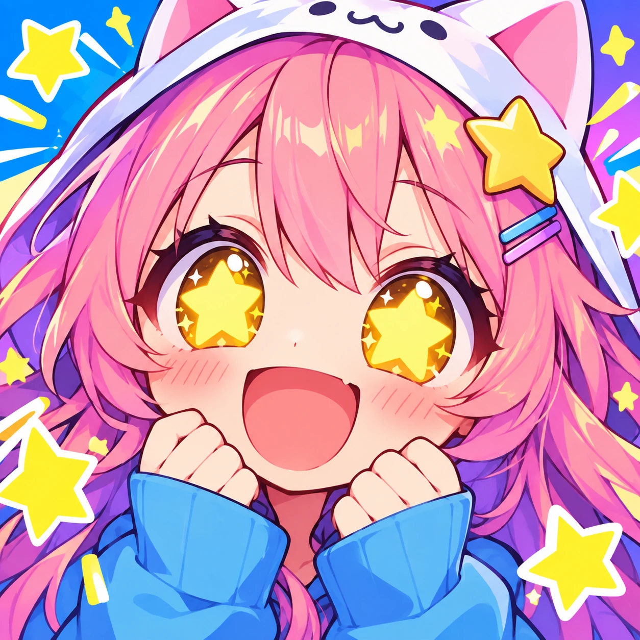 Kawaii anime PFP with star-shaped eyes and excited happy expression