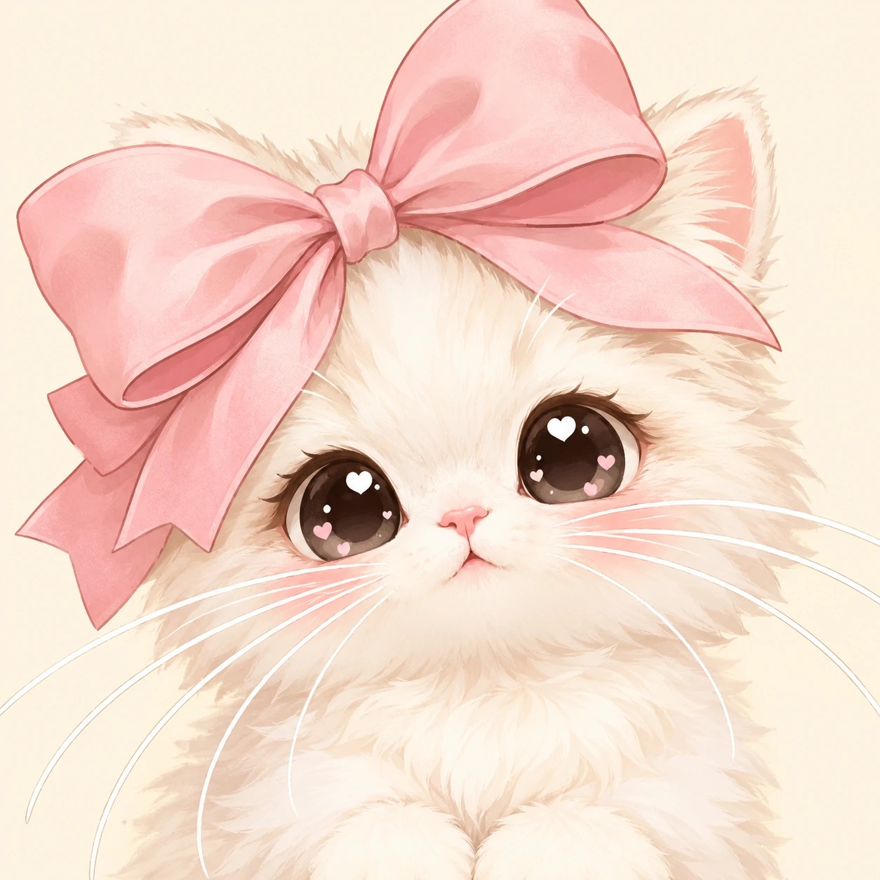 Kawaii cat PFP with a big ribbon bow and long cute whiskers on cream