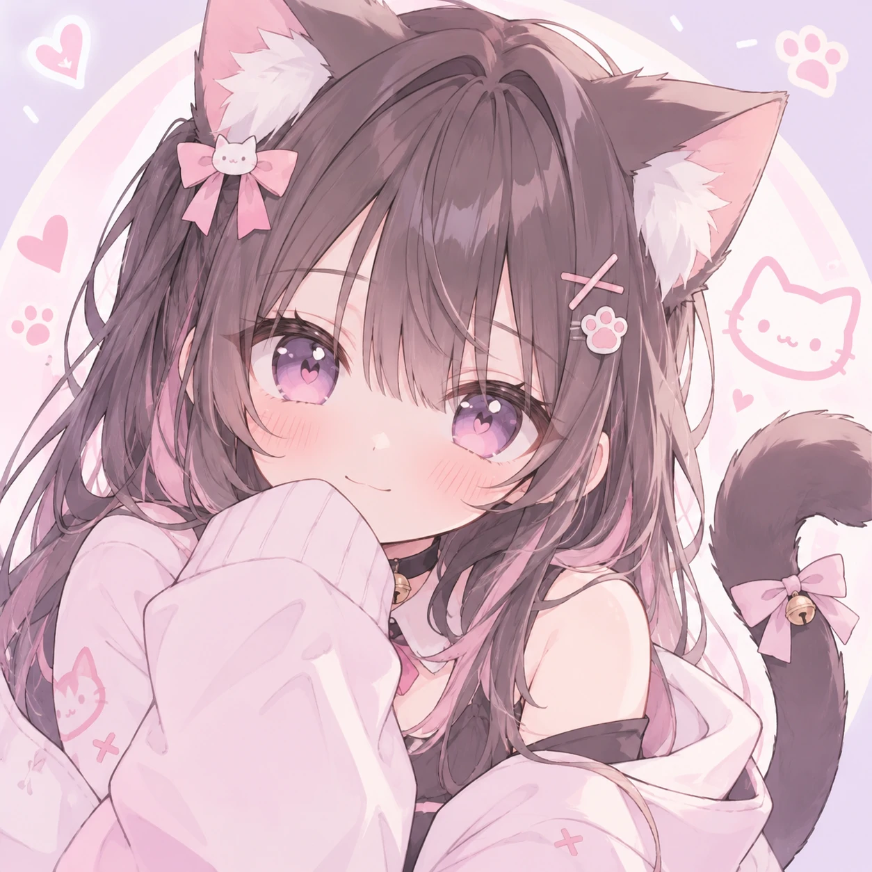 Kawaii cat girl PFP with neko ears, tail, and a shy smile