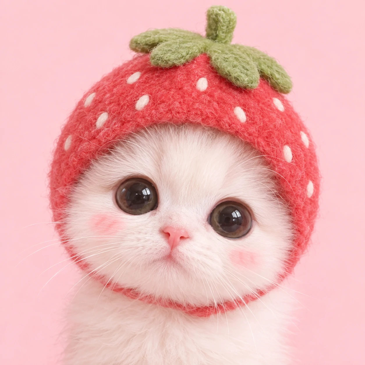 Kawaii cat PFP wearing a tiny strawberry hat on a soft pink background