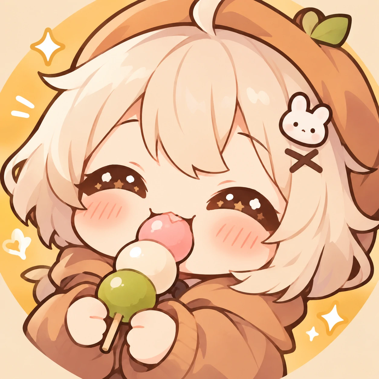 Kawaii chibi PFP of a small character nibbling a dango skewer happily