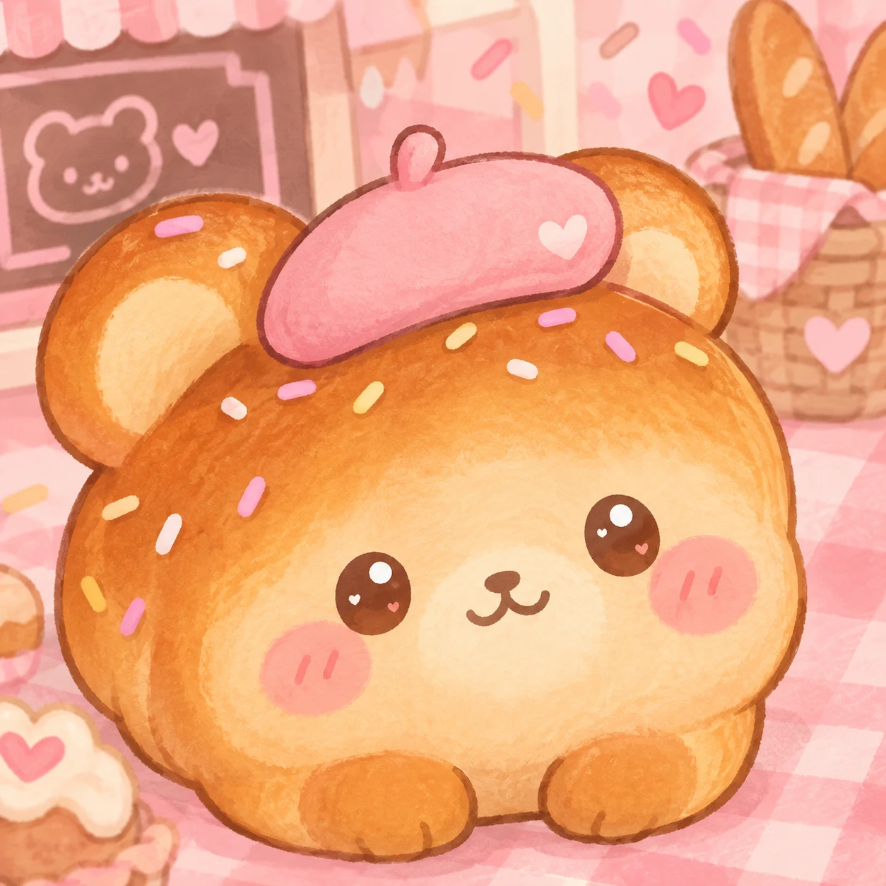 kawaii cutecore pfp of a bread-shaped bear wearing a tiny pink beret