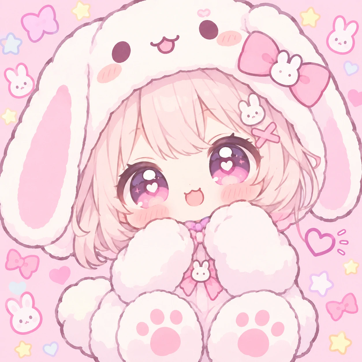 kawaii cutecore pfp of a chibi girl in a bunny onesie with rosy cheeks