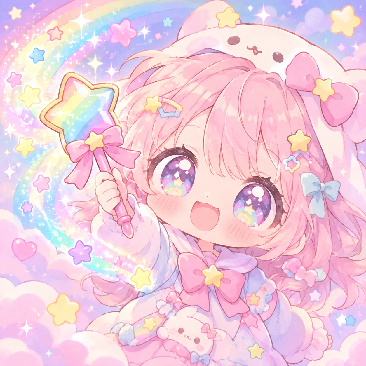 kawaii cutecore pfp of a tiny character holding a rainbow star wand