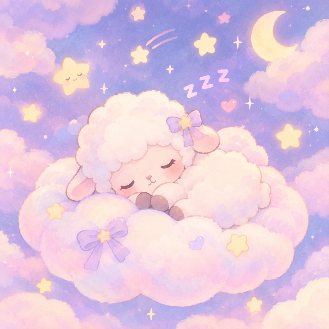soft kawaii cutecore pfp of a baby sheep napping on a pastel cloud