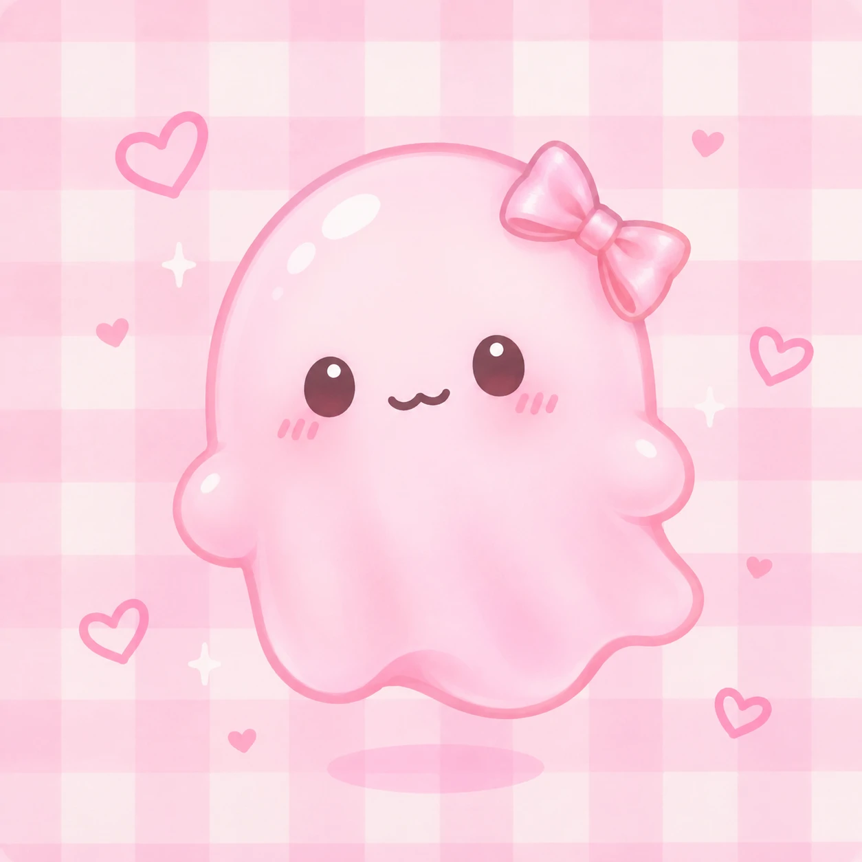cute kawaii cutecore pfp of a squishy pink ghost with a tiny bow