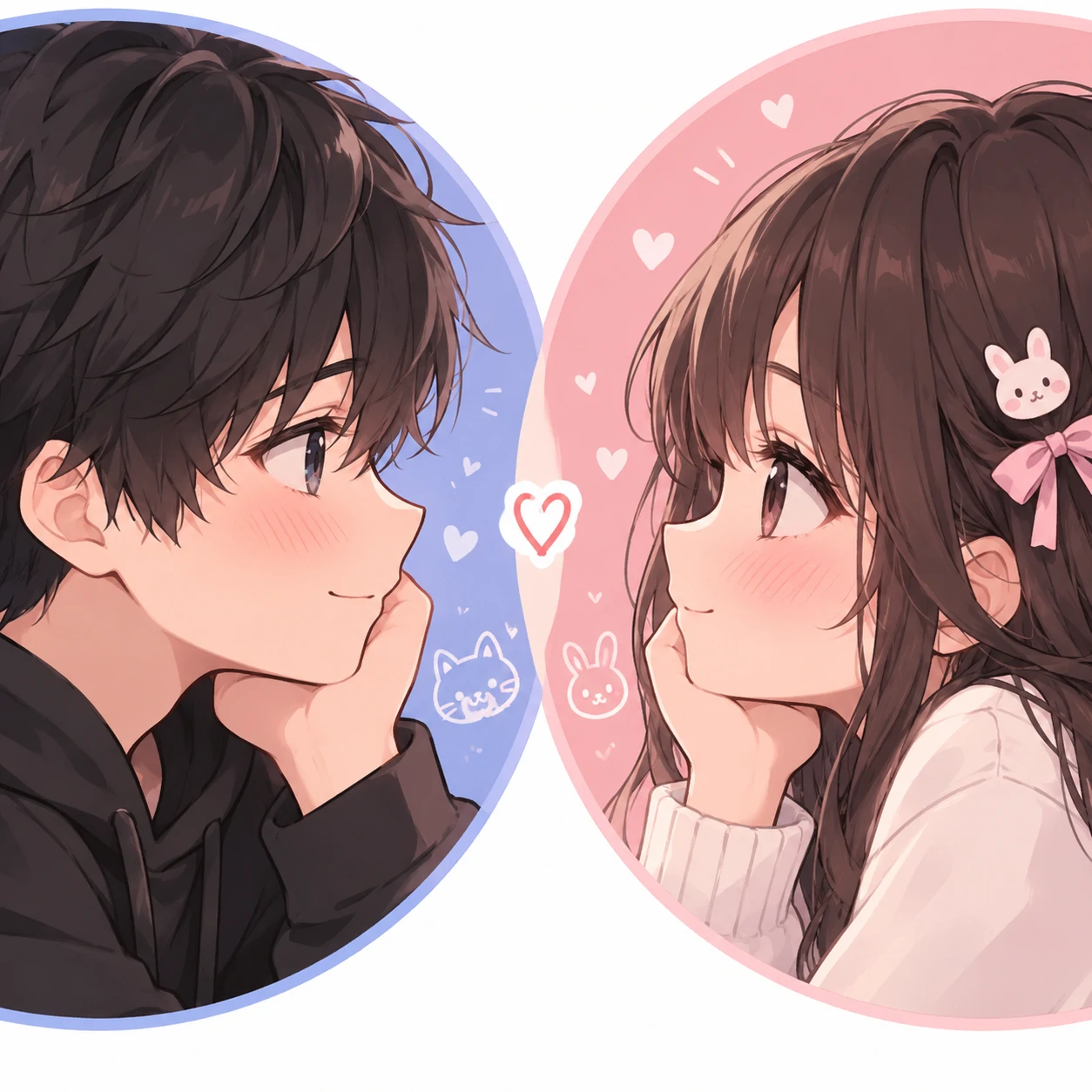 Kawaii anime matching PFP for couples with boy and girl portraits facing each other