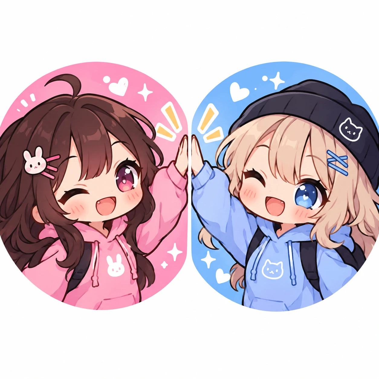Kawaii matching PFP for best friends with two chibi characters high-fiving