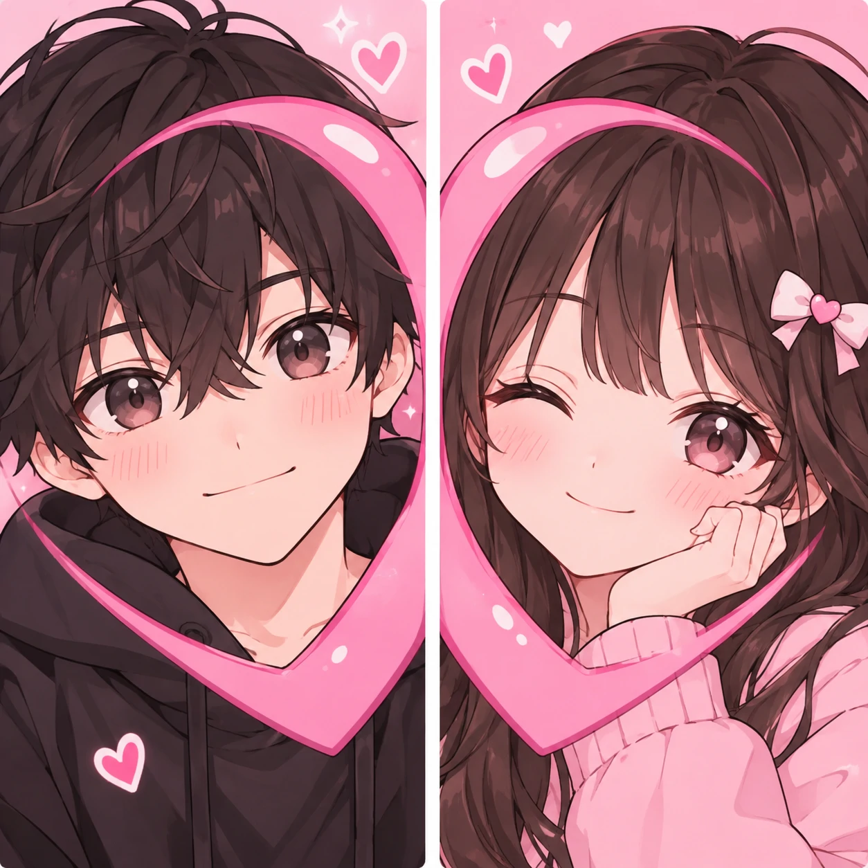 Kawaii matching PFP set split by a pink heart across two anime characters