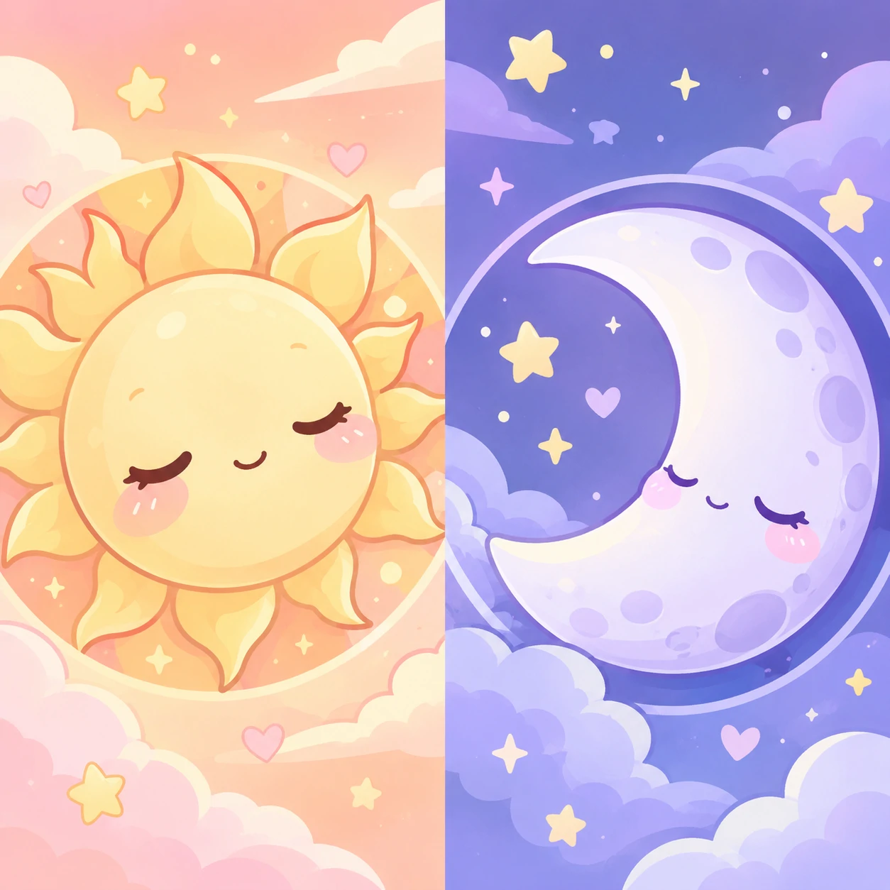 Kawaii matching PFP sun and moon set with cute pastel faces on each half