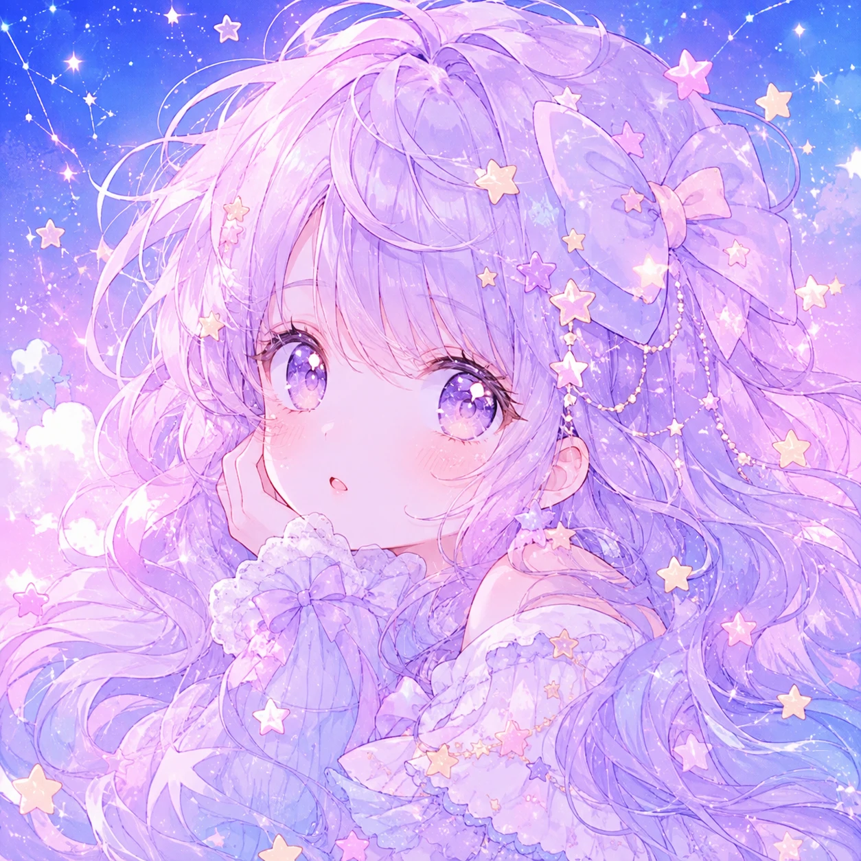 Pastel kawaii anime girl pfp with tiny stars floating around her hair