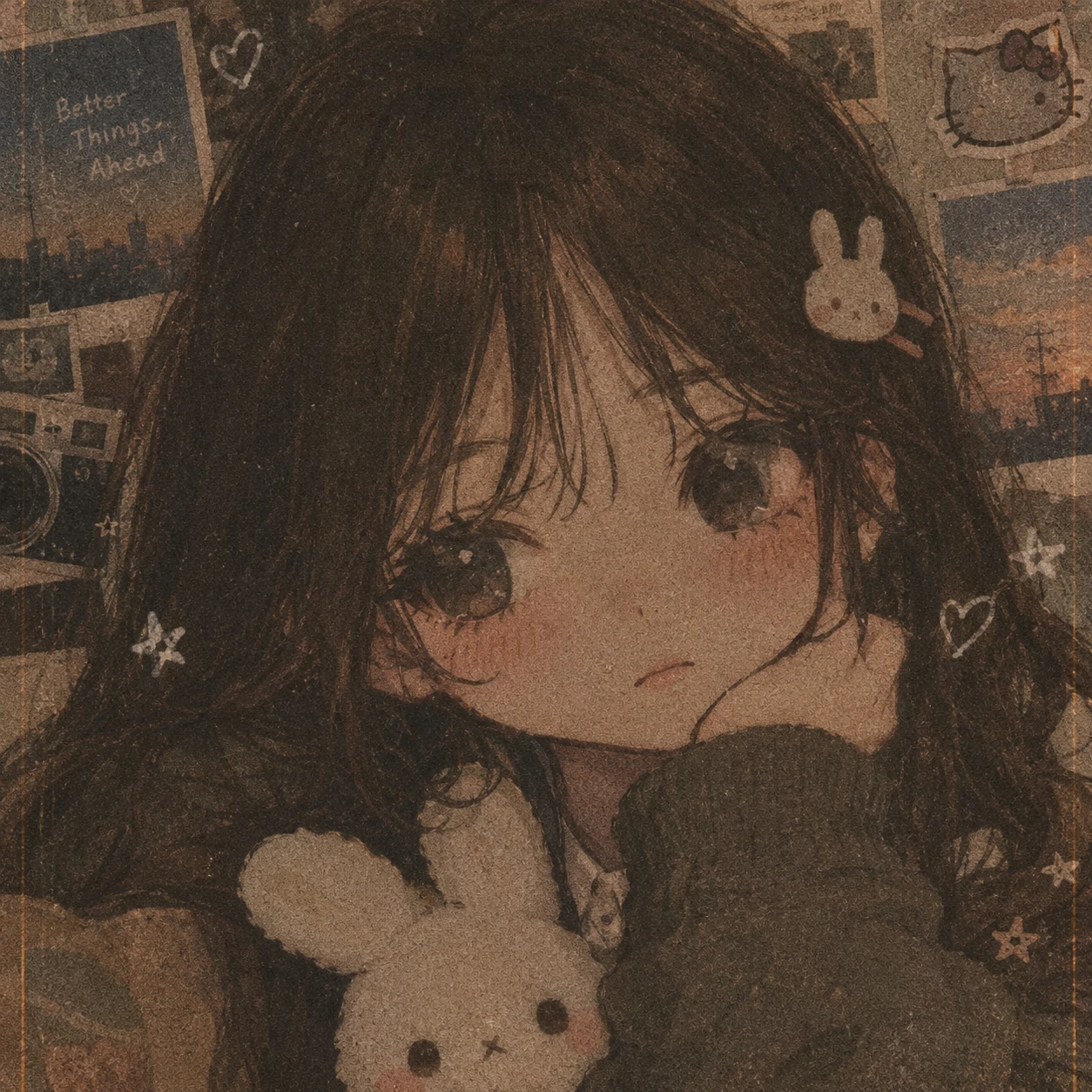 Kawaii PFP aesthetic edit with film grain texture and muted retro colors