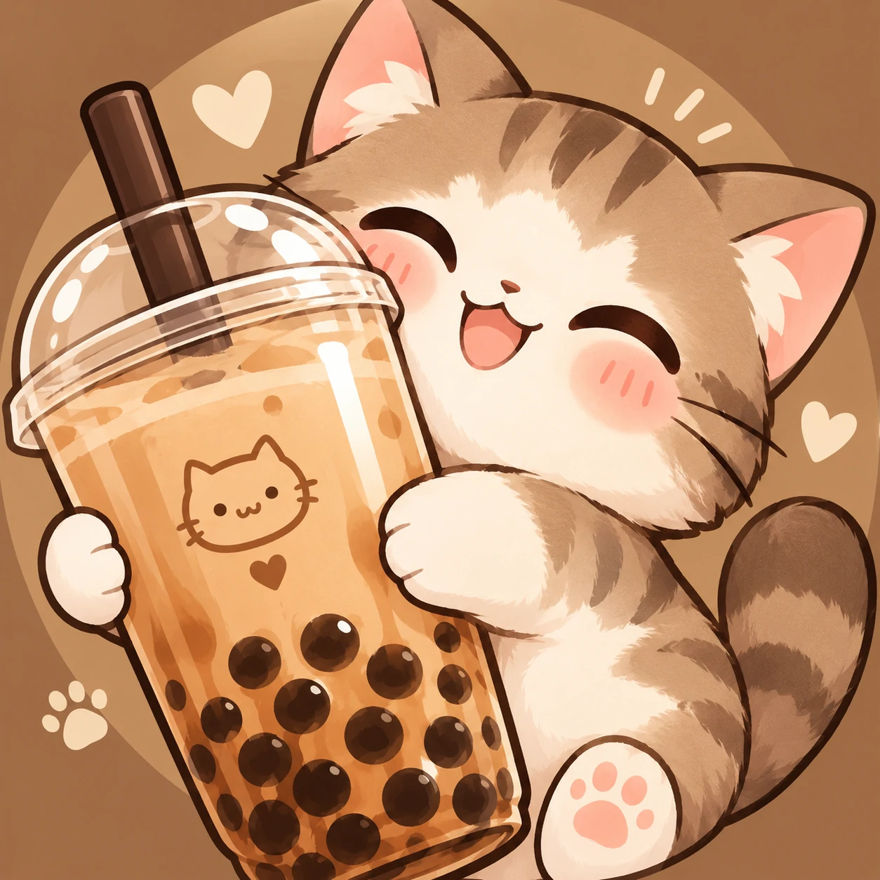 Kawaii cat PFP hugging a giant cup of boba milk tea with happy eyes