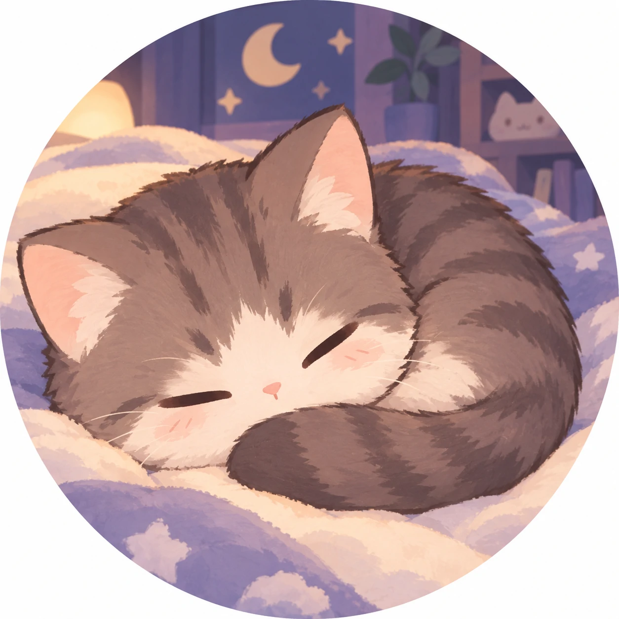Kawaii cat PFP of a sleepy kitten curled in a loaf pose with closed eyes