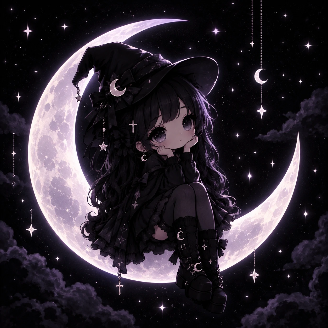 Dark kawaii PFP of a gothic cute character sitting on a crescent moon