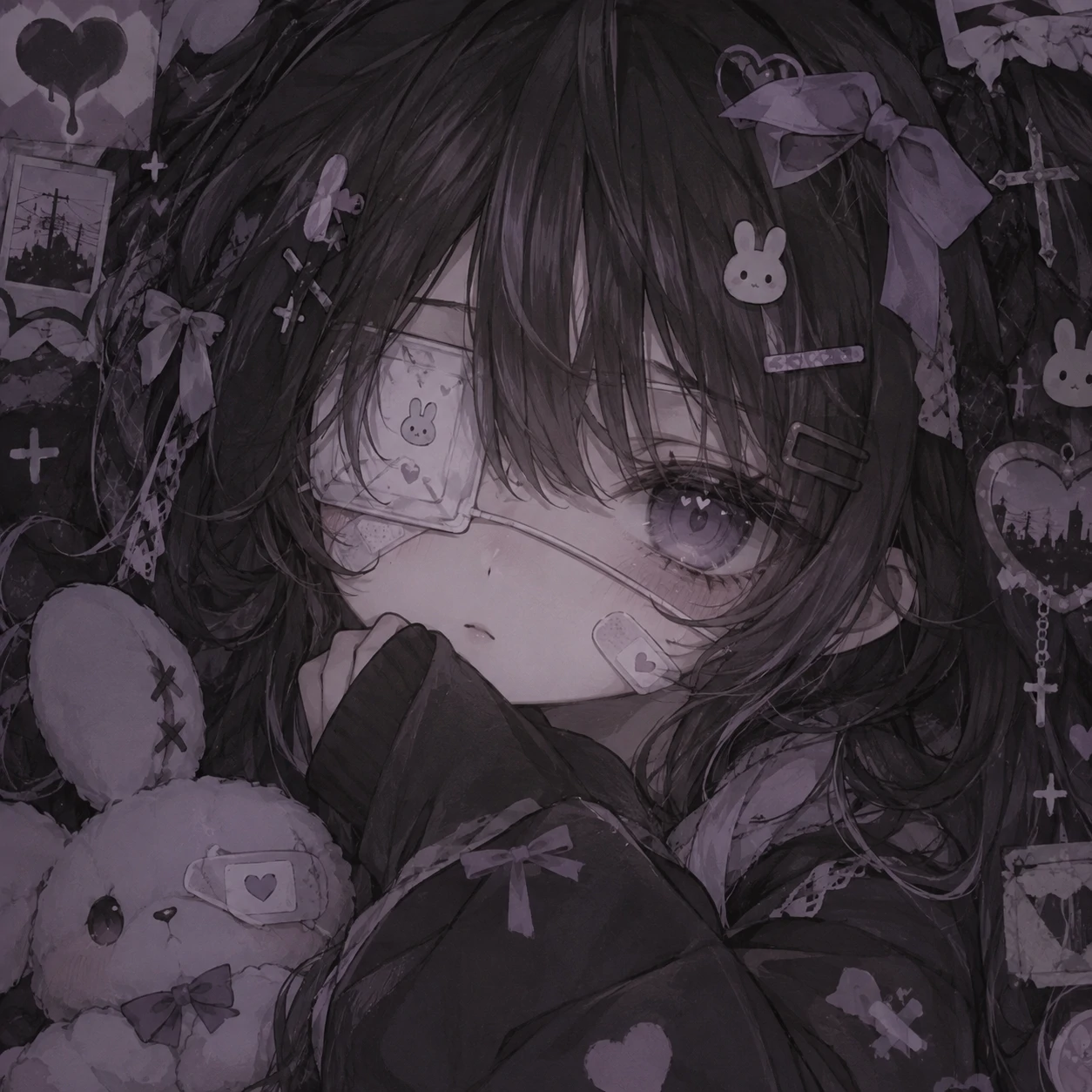 Dark kawaii yami-style PFP with a cute character wearing an eye bandage