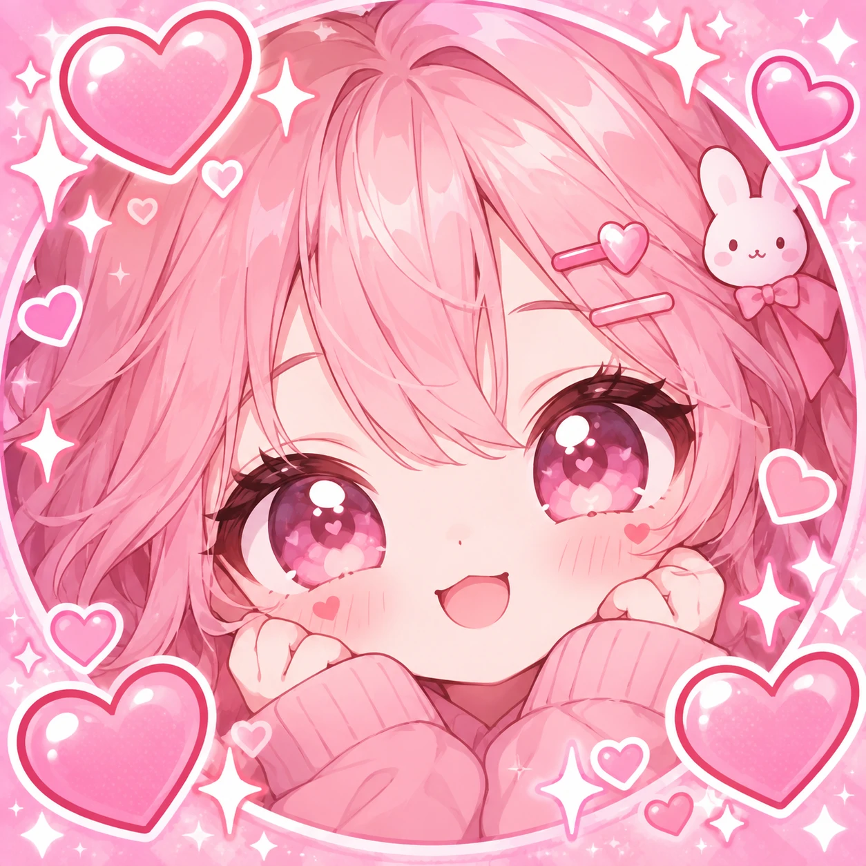 Kawaii PFP with pink hearts and sparkles surrounding a cute character face