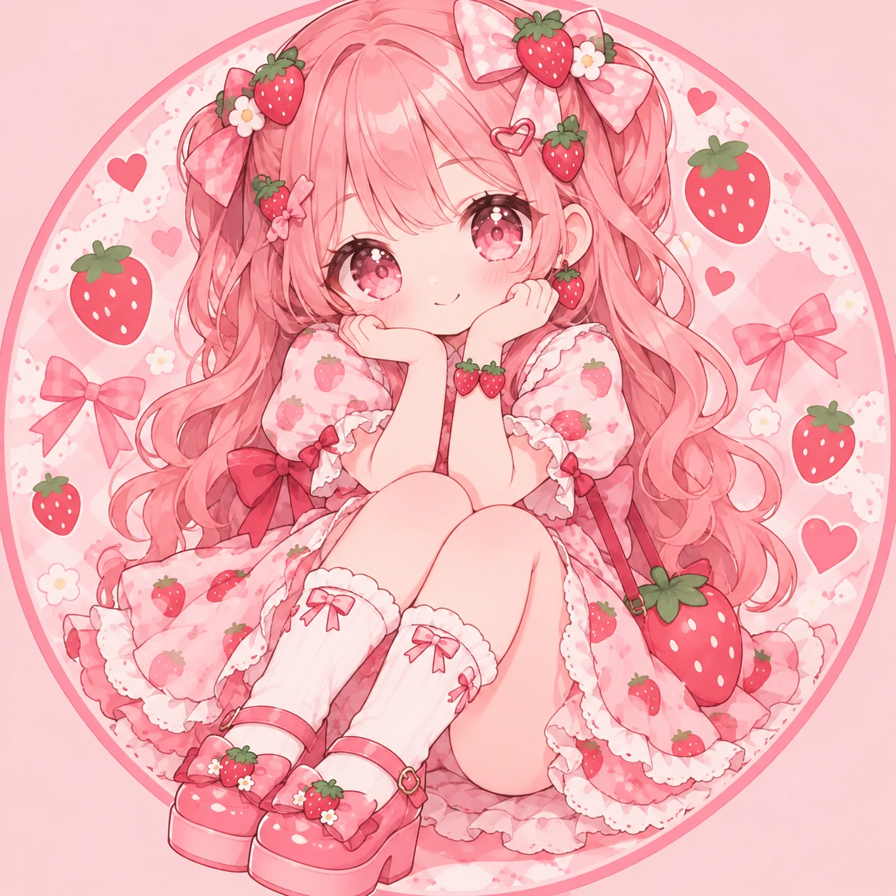 Kawaii PFP of a strawberry-themed girl with pink dress and berry accessories