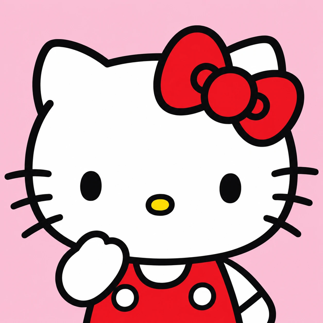 Kawaii Sanrio-style PFP of a white cat character with a signature red bow