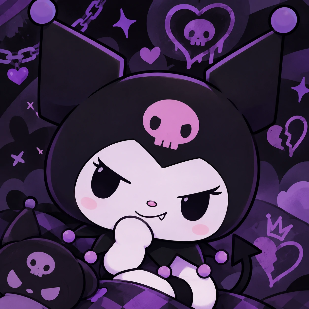Kawaii Sanrio-style PFP of a mischievous black-and-purple jester character
