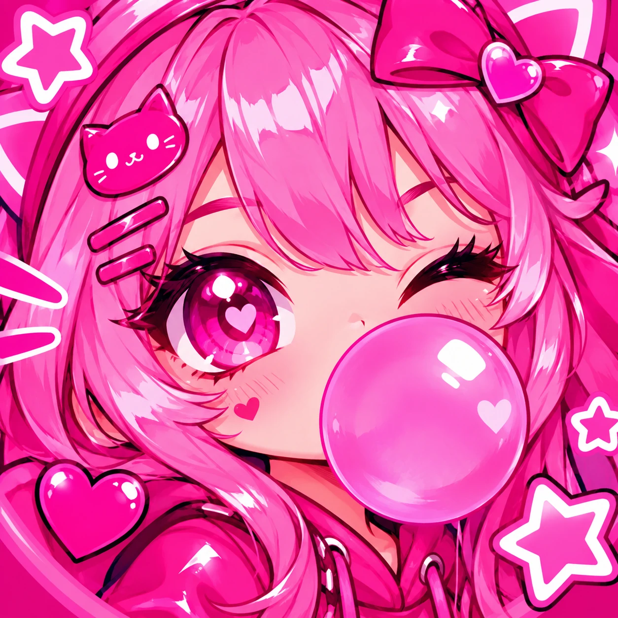 Kawaii pink PFP with bubblegum-pop styling, bold magenta and cute expression