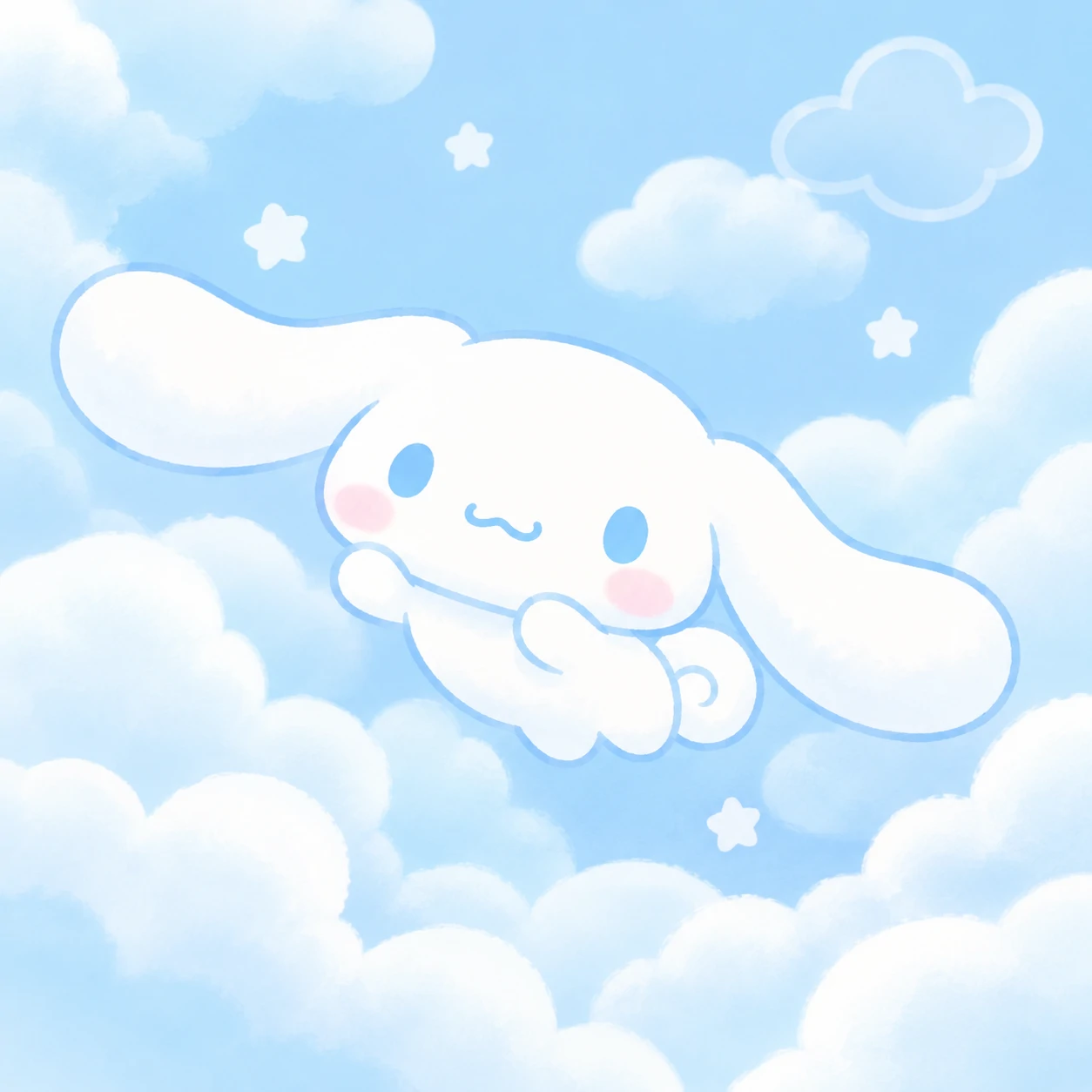 Kawaii Sanrio-style PFP of a white puppy with long ears floating on clouds