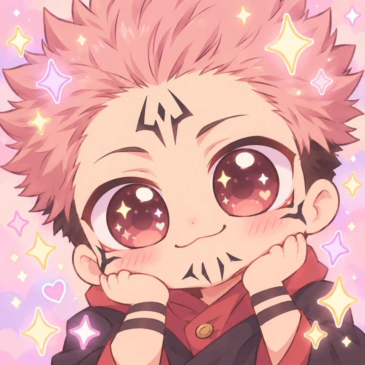 Kawaii Sukuna icon surrounded by sparkles with big round eyes