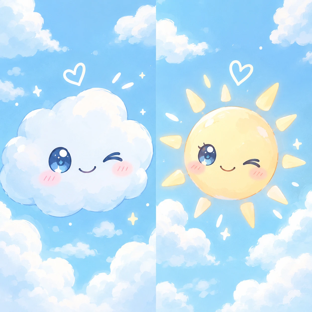Light blue matching PFP pair with a cloud on one and a sun on the other