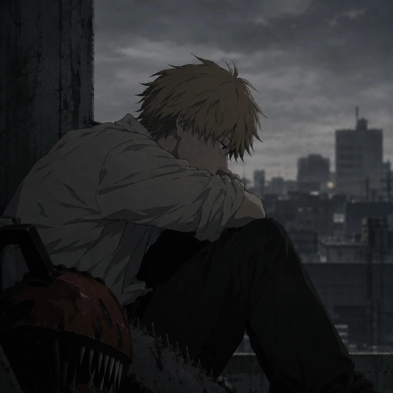 Lonely Denji sad PFP sitting alone, muted colours and sombre anime mood