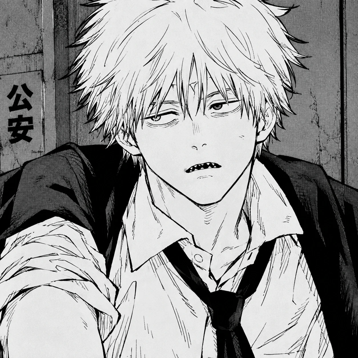 Manga Denji PFP in his devil hunter uniform with tie and shirt, panel art