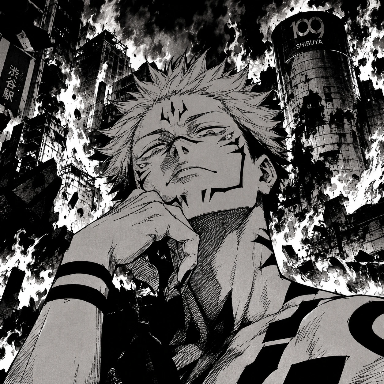 Sukuna manga PFP from Shibuya arc with flames and destruction behind him