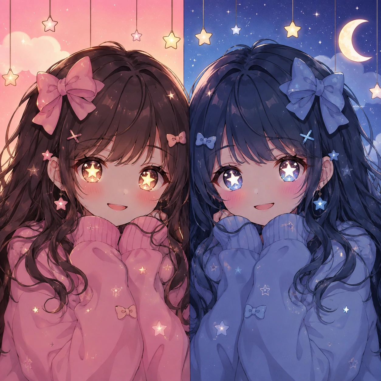 Matching anime girl avatars both with sparkling star-shaped eyes and identical smiles