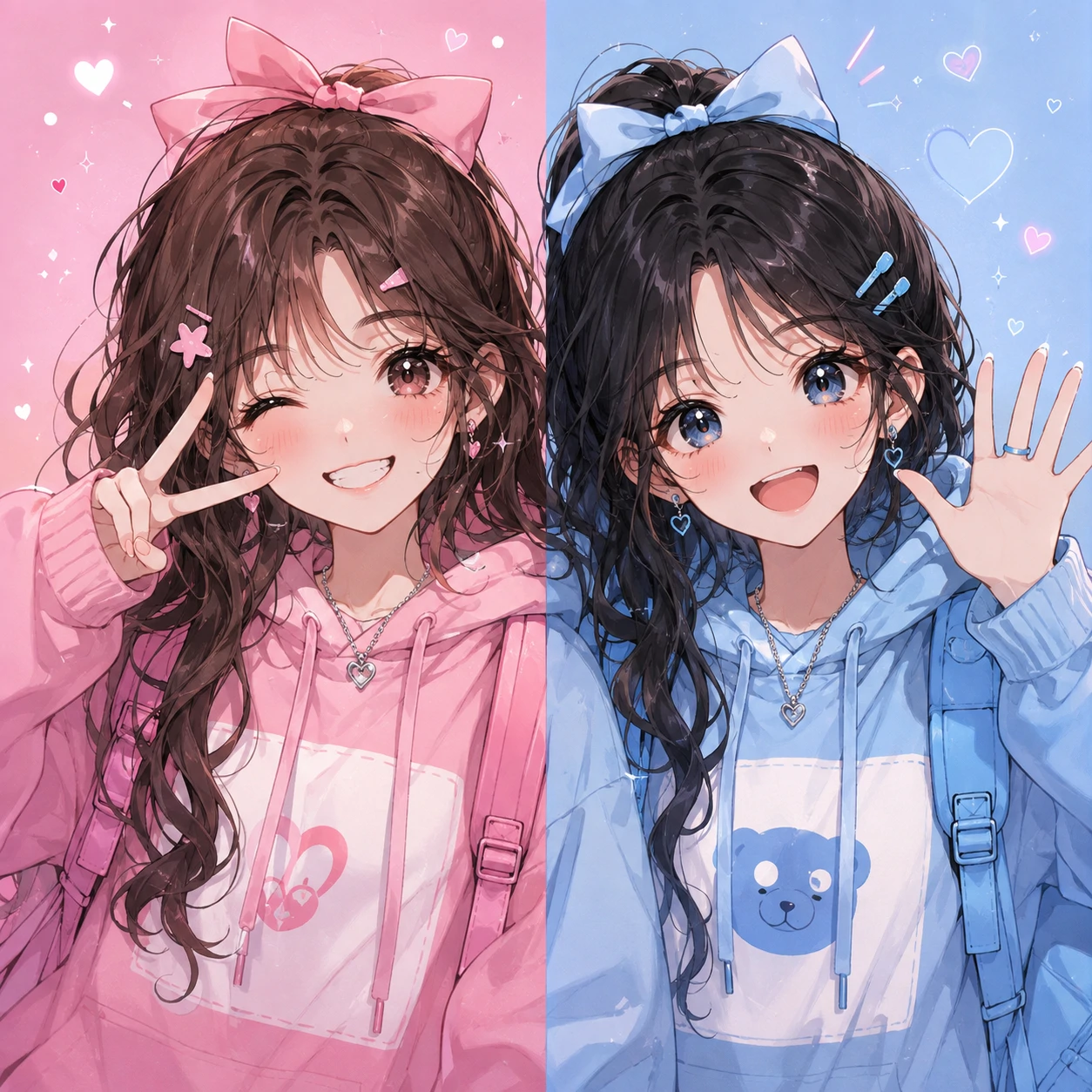 Matching anime girl pfp set with two best friends in coordinated pastel outfits