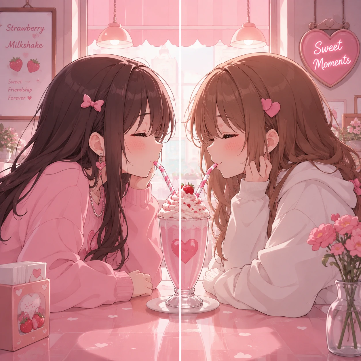 Matching anime girl pfp of two friends sharing a milkshake at a pastel cafe