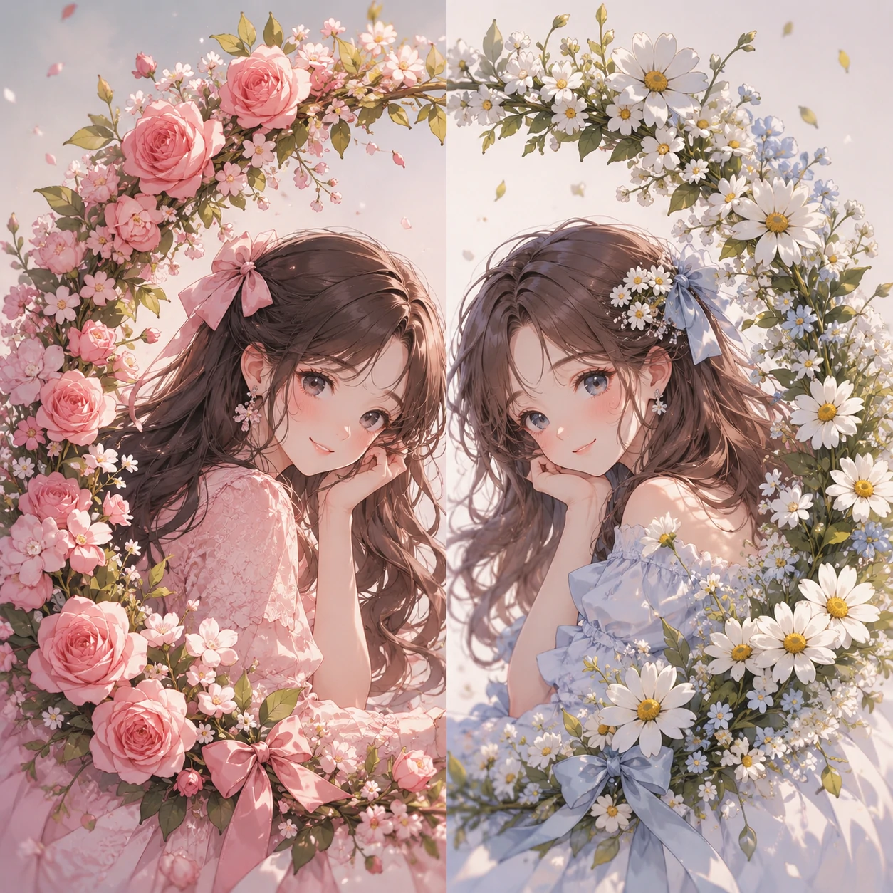 Matching anime girl pfp set with each character framed by half of a floral wreath