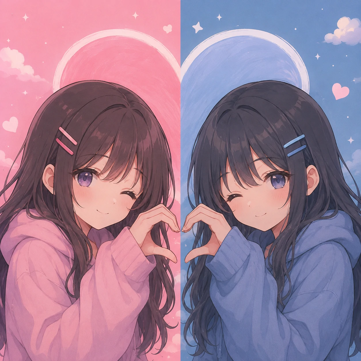 Matching anime pfp for two girls with a split heart connecting both frames