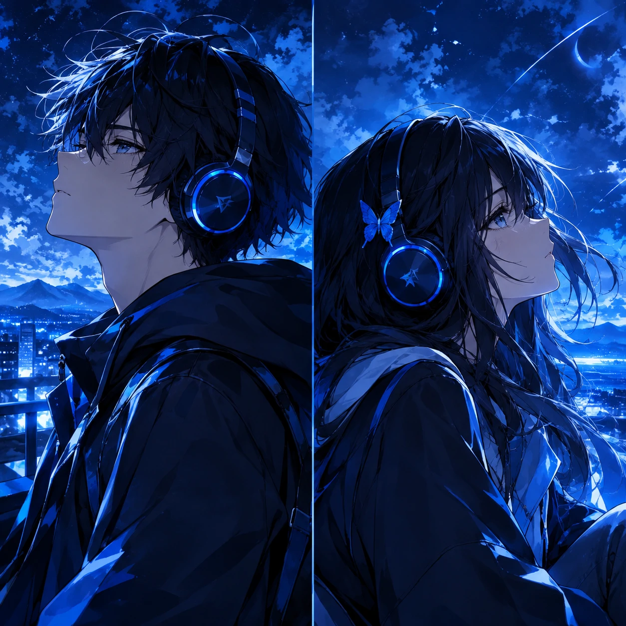 Matching blue anime PFP duo with two characters facing opposite directions