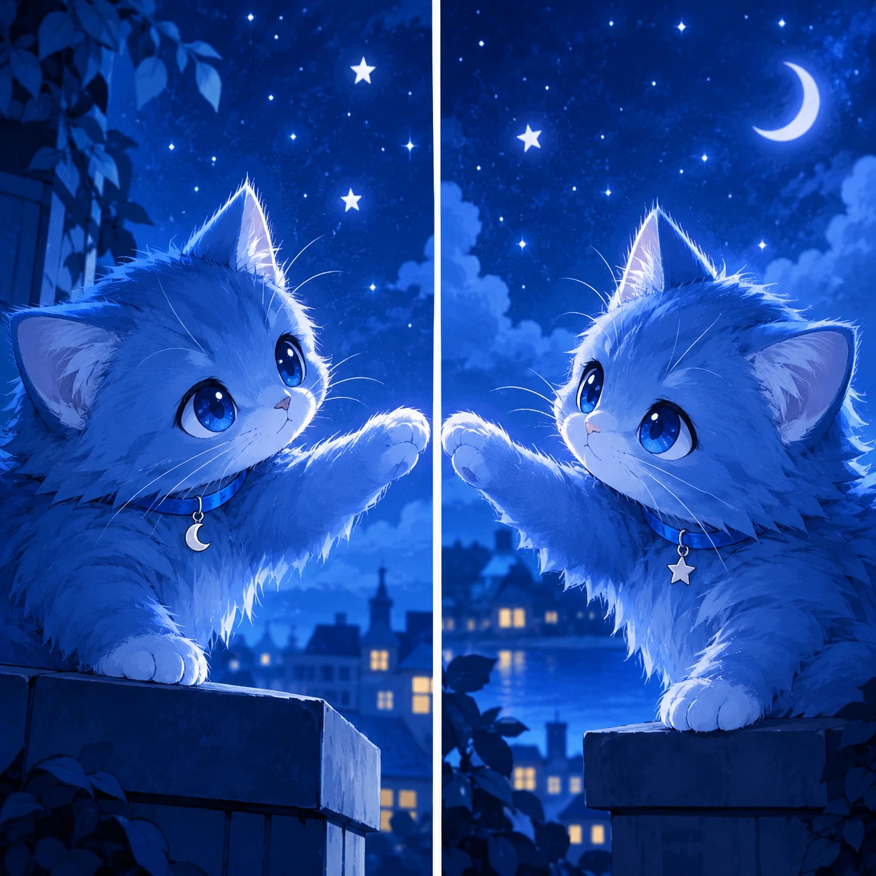 Matching blue cat PFP pair with two cute kittens reaching toward each other