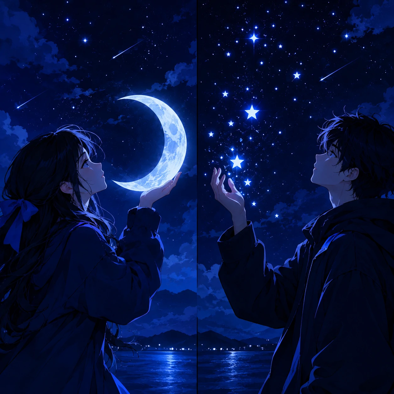 Matching blue couple PFP set with one moon and one stars design in navy