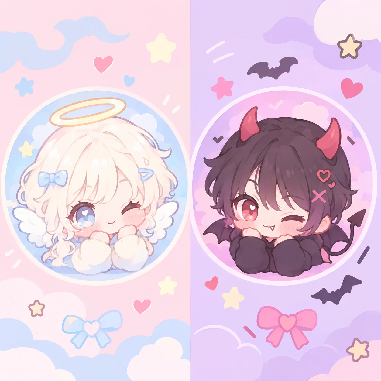 pastel matching cutecore pfps of a tiny angel and a tiny devil winking