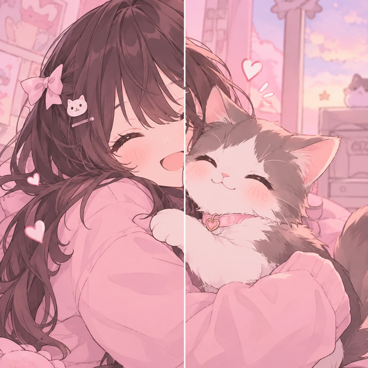 matching cutecore anime pfps forming one image of a girl holding her cat