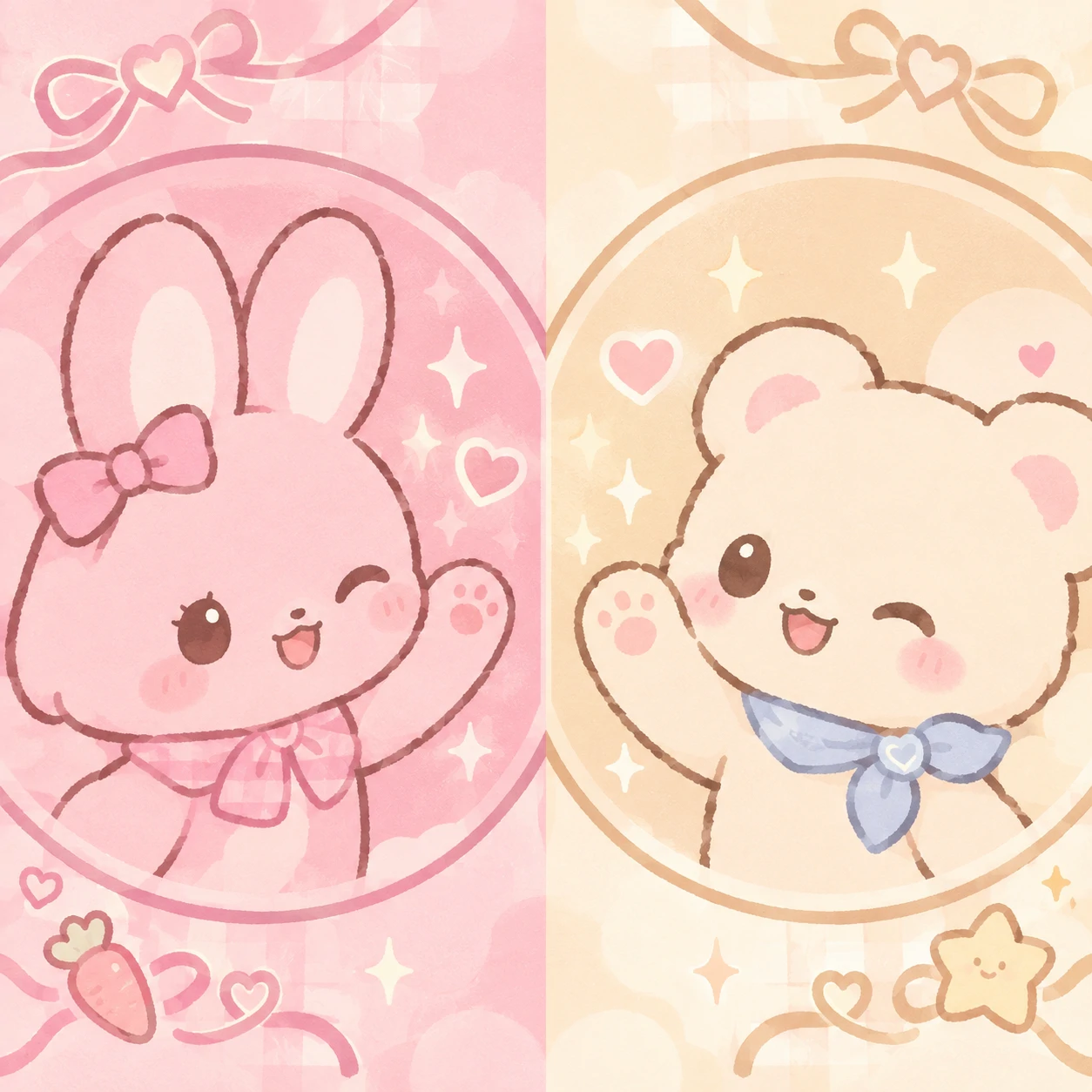 matching cutecore pfp pair of a pink bunny and cream bear waving at each other