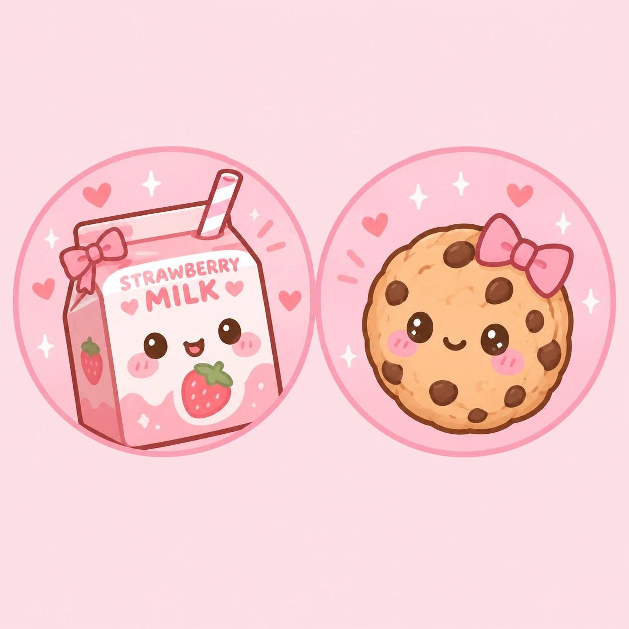 cute matching cutecore pfps of a strawberry milk carton and a smiling cookie